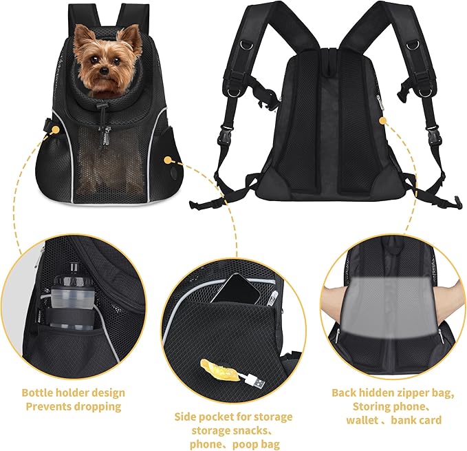 WOYYHO Pet Dog Carrier Backpack Small Dog Front Backpack Ventilated Mesh Dog Travel Back Pack with Safety Belt for Travel Hiking Cycling Outdoor Use (M (5-9 lbs), Black)