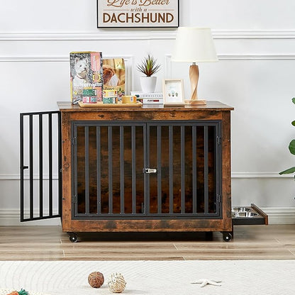 NicBex Dog Crate Furniture Dog Cage with 3 Doors and 2 Feeding Bowls