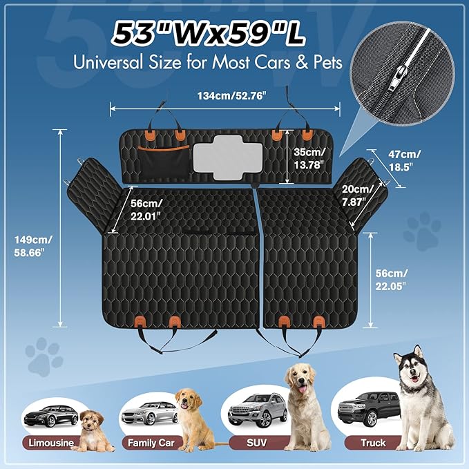 5-in-1 Dog Car Seat Cover for Back Seat 100% Waterproof Belt-53 * 58