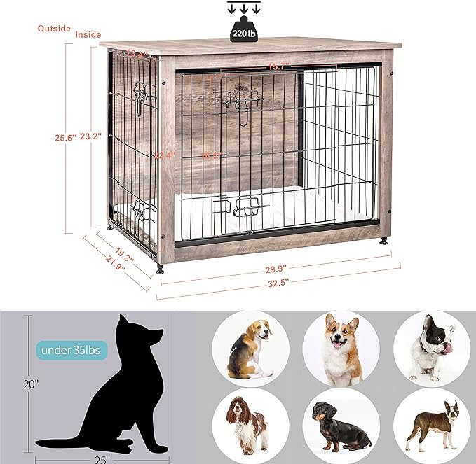 DWANTON Dog Crate Furniture with Cushion 32.5" L,
