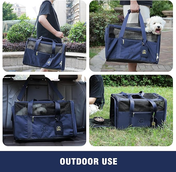 Luxury Pet Carrier for Dogs, Cats, Puppies - Airline TSA Approved, Durable Anti-Scratch Fabric, Soft-Sided, Consistent Airflow, Foldable Design, Cushion Pad, Travel (Navy Blue, Large)