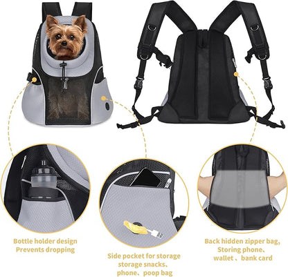 WOYYHO Pet Dog Carrier Backpack Small Dog Front Backpack Ventilated Mesh Dog Travel Back Pack with Safety Belt for Travel Hiking Cycling Outdoor Use (S (2-4.5 lbs), Grey)