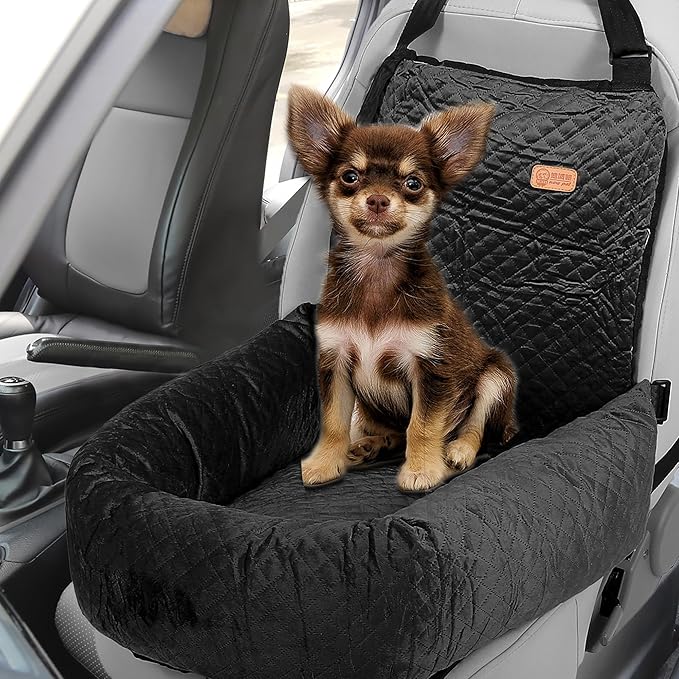 X AUTOHAUX Dog Car Pet Booster Seat Warm Flannel Puppy Bed Blankets Travel Safety Carriers Detachable Washable Cover with Seat Belt for Medium Small Sized Pet Cat Up to 35lbs Black