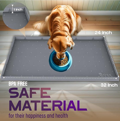 32x24x1” XL Dog Food Mat - All Purpose Silicone Pet Food Mat, Cat Litter Mat, Under Sink Mat - Raised Edges Dog Mat for Food and Water Prevent Spill, Waterproof Cat Food Mat Protect Floors