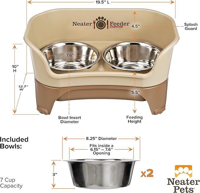 Neater Feeder - Express Model - Mess-Proof Dog Bowls (Medium/Large, Cappuccino) – Made in USA – Elevated, No Spill, Non-Tip, Non-Slip, Raised Stainless Steel Food & Water Pet Bowls