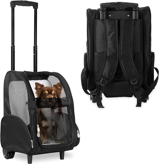 KOPEKS Deluxe Backpack Pet Travel Carrier with Double Wheels - Black - Approved by Most Airlines