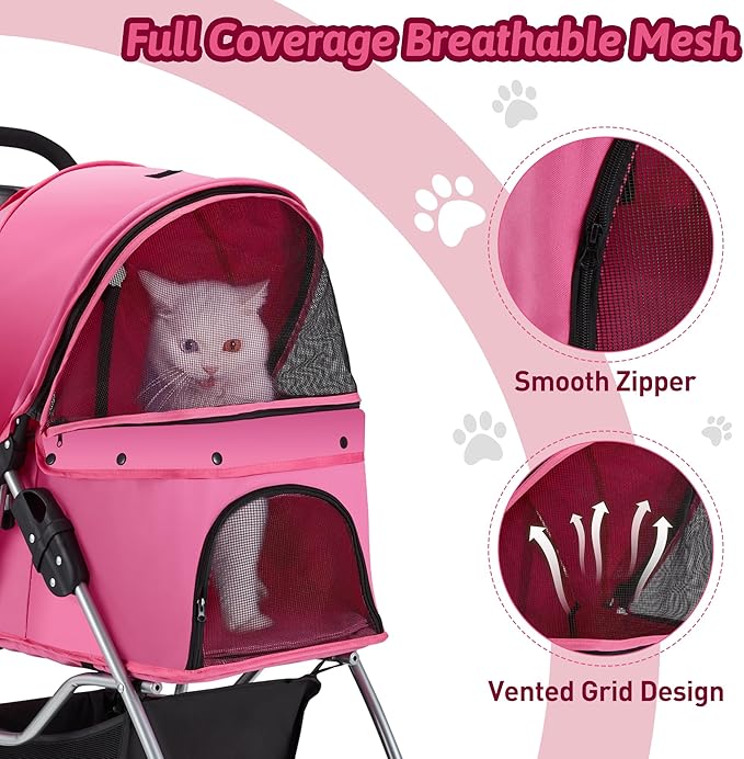 Pet Stroller 4 Wheels Dog Cat Stroller for Medium Small Dogs Cats, Folding Cat Jogger Stroller with Storage Basket & Breathable Mesh, Easy to Walk Travel Carrier, Pink