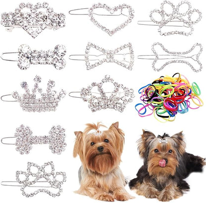 PET SHOW 10pcs Crystal Small Dogs Hair Clips 200pcs Rubber