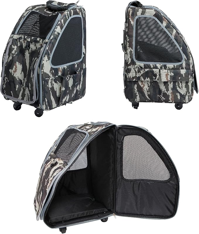 Petique 5-in-1 PET Carrier, Features: Rolling, Top Handle, Backpack, Luggage Attachment, Car Seat All in ONE for Small to Medium Dog, Cat, Bunny, Supports Pets up to 25LBS - Army CAMO