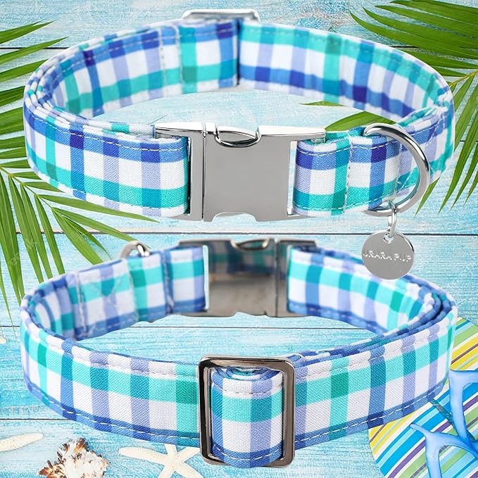Blue Plaid Summer Cotton Dog Collar with Metal