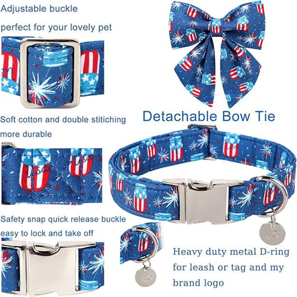 Patriotic Dog Collar with Bow Tie 4th of 8-12in