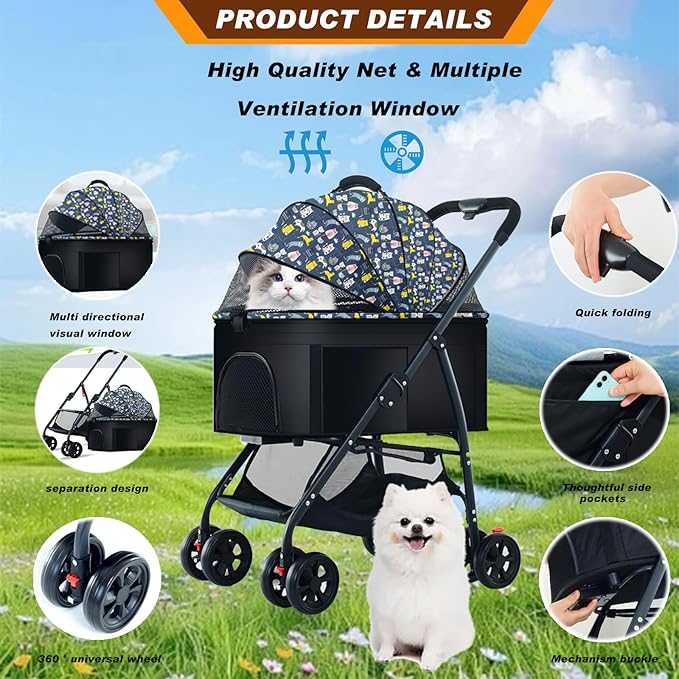 Pet Stroller 3 in 1 Folding Lightweight Dog Stroller with Detachable Carrier & Storage Basket 4 Wheels