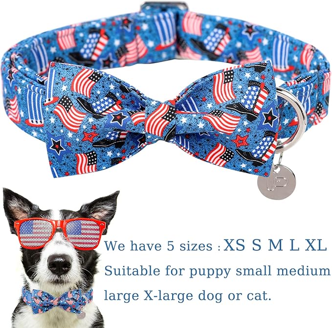 Patriotic Dog Collar with Bow Tie 4th of 10-16in