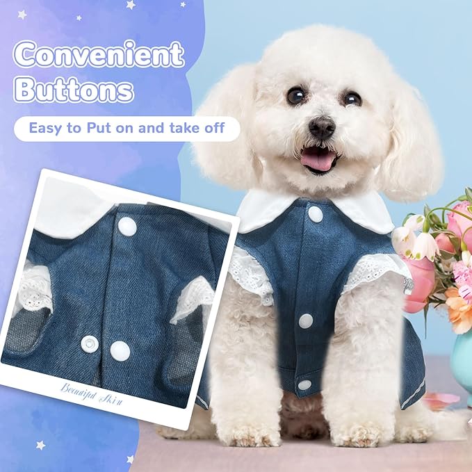 Denim Dog Dress for Small Dogs Cats Cute Girl Dog Clothes Cute Strawberry Female Pet Dresses Spring Summer Pet Outfits for Chihuahua Yorkie Shih Tzu(Dark Blue,Large)