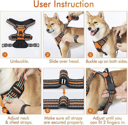 rabbitgoo Dog Harness, No-Pull Pet Harness with 2 Leash Clips, Adjustable Soft Padded Dog Vest, Reflective No-Choke Pet Oxford Vest with Easy Control Handle for Small Dogs,Orange,S