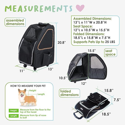 Petique 5-in-1 PET Carrier, Features: Rolling, Top Handle, Backpack, Luggage Attachment, Car Seat All in ONE for Small to Medium Dog, Cat, Bunny, Supports Pets up to 25LBS - Sunset Strip