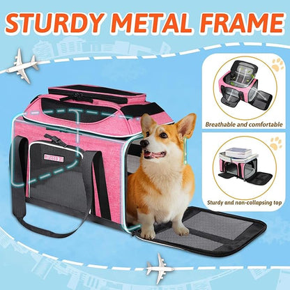 Petskd Top-Expandable Pet Carrier 17x13x9.5 Inches Southwest Allegiant Airline Approved, Soft-Sided Carrier for Small Cats and Dogs with Locking Safety Zippers and Anti-Scratch Mesh(Pink)