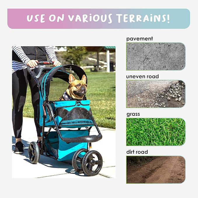 Petique Durable Pet Stroller, Easy Fold, Quality mesh Windows, Large Storage Basket, Secure Cup Holder Tray, for Small to Medium Dog, Cat, Bunny, Supports Pets up to 55LBS - Mermaid (Blue)