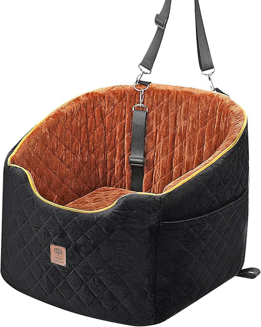 Aidou Dog Car Seat for Small Medium Dogs，Memory Foam Dog Booster Seat with Adjustable Seatbelt,Pet Travel Seat Easy to Assemble Washable,Dog Bed with 2 Rope and Storage Pocket (Brown, Medium)