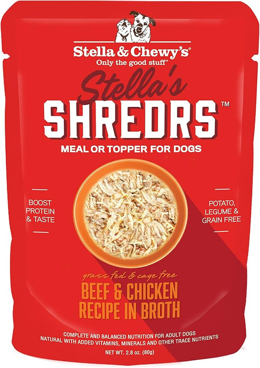 Stella & Chewy's Stella’s Shredrs Grass Fed & Cage Free Beef & Chicken Recipe in Broth, 2.8 oz. Pouches (Pack of 24)