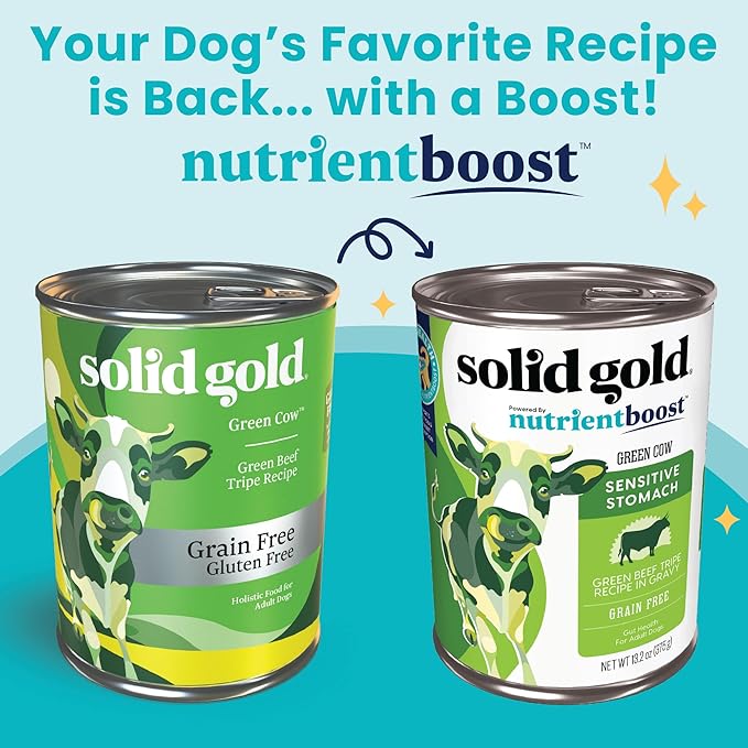 Solid Gold Green Cow Wet Dog Food Mix in for Adult & Senior Dogs for Picky Eaters - Canned Dog Food Additive with Beef Tripe for Healthy Digestion & Sensitive Stomach - 6 Pack/13.2 oz Cans