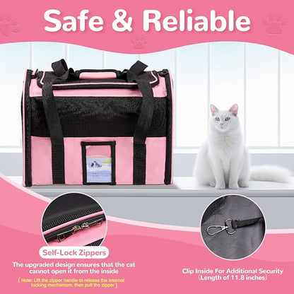 Soft Sided Cat Carrier for Under 18 Pounds, Folable Pet Carrier for Small Medium Cats Dogs, Roomy Dog Travel Carrier, Collapsible Puppy Carrier Bag with Locking Safety Zippers, Pink