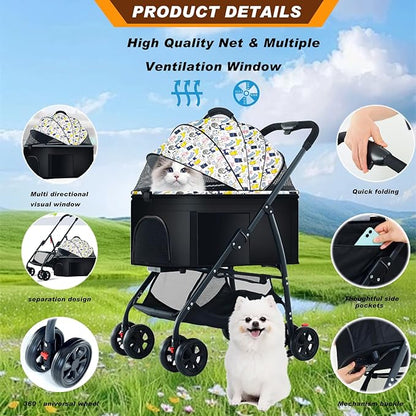 Pet Stroller 3 in 1 Folding Lightweight Dog Stroller with Detachable Carrier & Storage Basket 4 Wheels