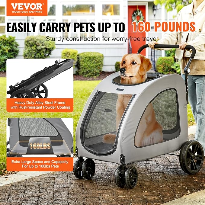 VEVOR Extra Large Dog Stroller for Dogs Up to 160lbs 4 Wheel 2 Dogs