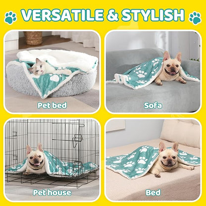 Dog Blanket, Puppy Blanket for Small Dogs Cats, Washable Thick Soft Dog Blankets with Fluffy Premium Pet Blanket Flannel, Dog Paw Printed Blankets, for Pet Bed/Crate/Cat Bag, Green