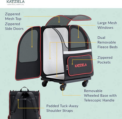 Katziela 4 Wheeled Pet Carrier Backpack - Soft Sided, Airline Approved Hiking Carrying Bag for Small Dogs and Cats – Removable Rolling Wheels – Mesh Ventilation Windows, Storage Pockets (Black/Red)