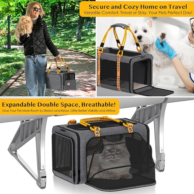 PAWZIDEA Expandable Pet Carrier w/ID Card, 18X11X11 TSA Airline Approved Cat Carrier for 2 Cats Under Seat, Soft-Sided Collapsible Small Dog Carrier Car Seat Travel Bag, Puppy Cat Crate Top Load Grey