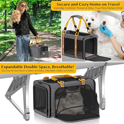 PAWZIDEA Expandable Pet Carrier w/ID Card, 18X11X11 TSA Airline Approved Cat Carrier for 2 Cats Under Seat, Soft-Sided Collapsible Small Dog Carrier Car Seat Travel Bag, Puppy Cat Crate Top Load Grey