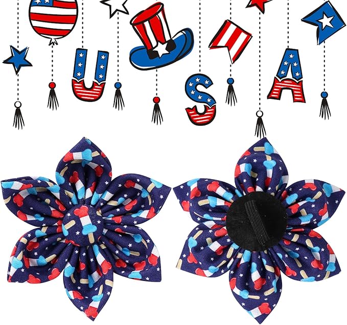 American Flag Dog Collar with Flower 4th of 8-12in