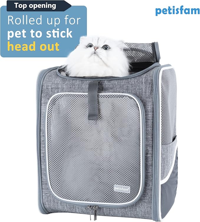 petisfam Ergonomic Design Pet Backpack Carrier for Medium Cats and Small Dogs. Better stability and Less Turbulence, Well Padded, 4 Pockets, Breathable, Easy Storage