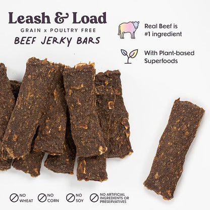 Leash & Load Dog Treats Beef Jerky Snack Bars, 5 oz Bag, Puppy and Dog Training Treats, Natural Superfood Grain Free Dog Treat Made with Real Beef, Superfoods, Corn, Poultry & Soy Free