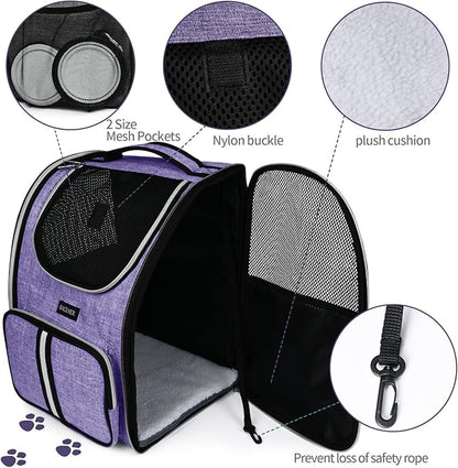 BAGLHER Pet Carrier Backpack, Dog Backpack Carrier for Small Dogs Cats, Thicker Bottom Support, Ventilated Design Breathable Dog Carrier Backpack Cat Bag for Hiking Travel Camping Outdoor Use Purple