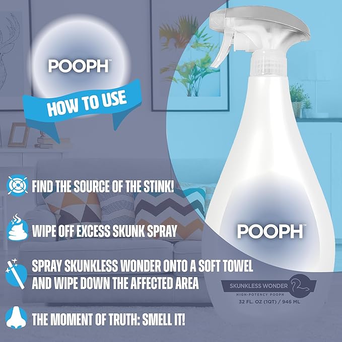 Pooph Skunk Odor Eliminator, 32oz Spray - Dismantles Skunk Odors on a Molecular Basis from Pets & Anything Else, Proprietary Formula Breaks Down Skunk Oils, Eliminates Odor on Clothing & More