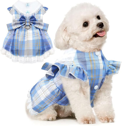 Plaid Dog Dress for Small Dogs Cats Bowknot Girl Dog Clothes with D-Ring Cute Princess Pet Puppy Dresses Spring Summer Pet Outfits for Chihuahua Yorkies Shih Tzu（Blue