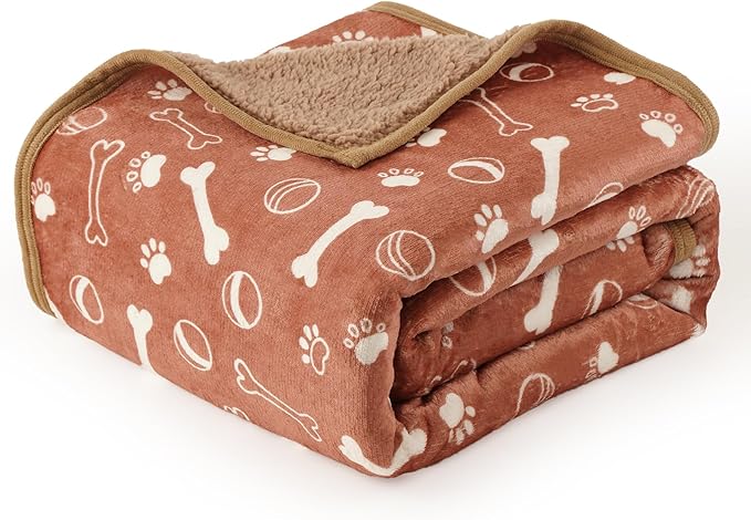 Waterproof Dog Blankets Pet Blanket 50"x60", Soft Fluffy Sofa Car Bed Protector, Reversible Sherpa Fleece Dog Blanket for Large Dogs (Light Brown-Baseball)