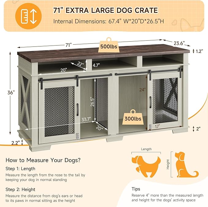 71" Extra Large Dog Crate Furniture 2 Dogs Dogs,3 Storage,White/Dark