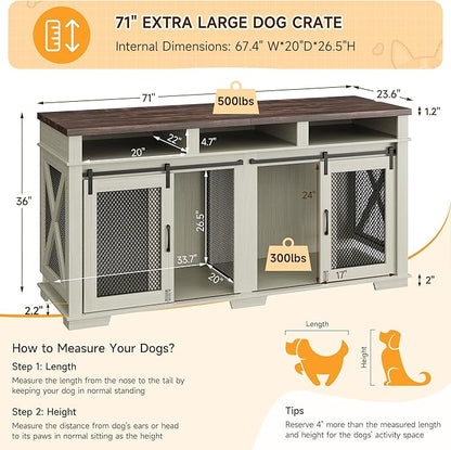 71" Extra Large Dog Crate Furniture 2 Dogs Dogs,3 Storage,White/Dark