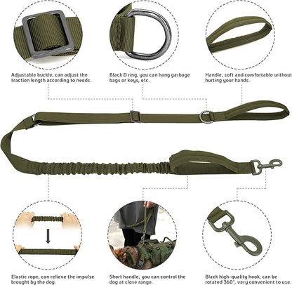 Forestpaw Tactical Dog Harness for Large Dogs,Tactical Dog Collar with Bungee Leash Set,No Pull Military Dog Harness for Dog Walking Training,Adjustable for Medium Large Dogs,Green M