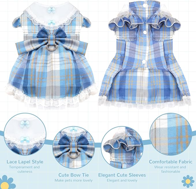 Plaid Dog Dress for Small Dogs Cats Bowknot Girl Dog Clothes with D-Ring Cute Princess Pet Puppy Dresses Spring Summer Pet Outfits for Chihuahua Yorkies Shih Tzu（Blue