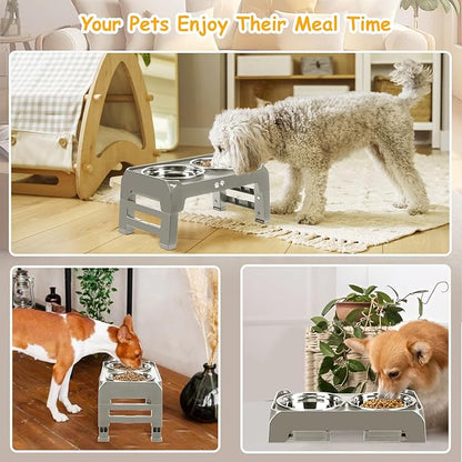 Elevated Dog Bowls for Small Dogs 3 Height Adjustable Raised Dog Bowl Stand with 25oz Stainless Steel Dog Food Bowls Anti-Slip Small Dog Feeder Adjusts to 7.5", 6", 2.75", Light Brownish Gray