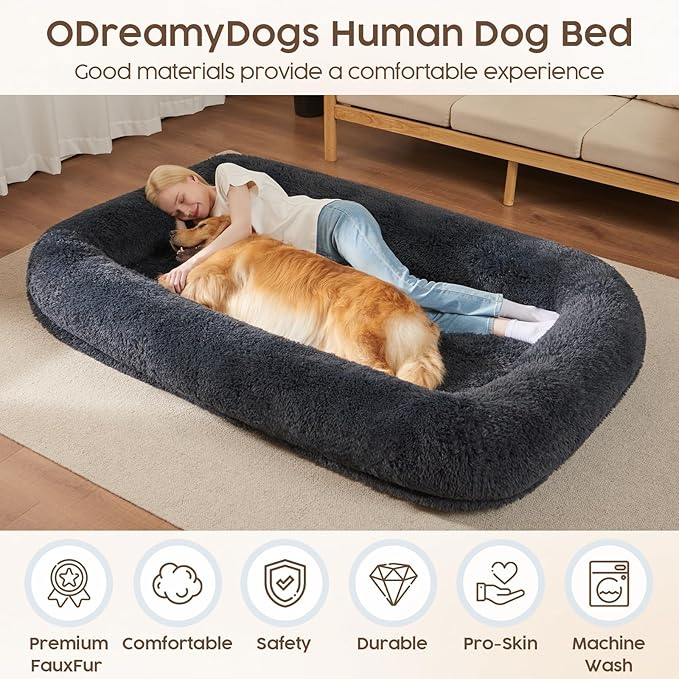 Human Dog Bed Cover (No Filler, Cover only), Human Size Dog Bed Cover Replacement, Suit for 80"x48"x10", 290 GSM Calming Fluffy Plush Cover Washable Removable Anti-Slip, Dark Grey