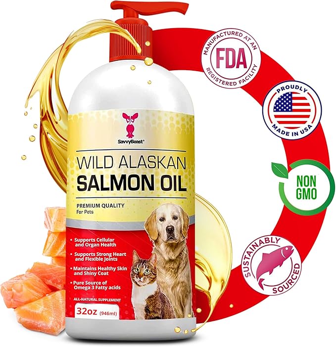 Pure Wild Alaskan Salmon Oil for Dogs, Cats, Ferrets - 32 oz Liquid Omega 3 Fish Oil, Pump on Food - Unscented All Natural Supplement for Skin and Coat, Joints, Heart, Brain, Allergy, Weight, Immune