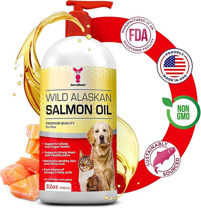 Pure Wild Alaskan Salmon Oil for Dogs, Cats, Ferrets - 32 oz Liquid Omega 3 Fish Oil, Pump on Food - Unscented All Natural Supplement for Skin and Coat, Joints, Heart, Brain, Allergy, Weight, Immune