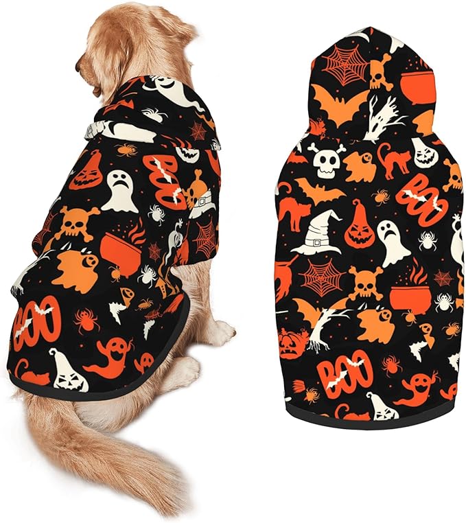 Halloween Dog Costume, Pumpkin Ghost Print Hoodie Winter Halloween Cosplay Clothes Sweaters Outfits Pullover Pets' Sweatshirt Hoodies with Pocket for Medium Large Dogs-L