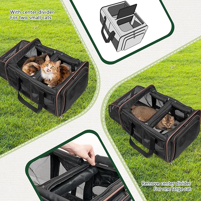 Cat Travel Carrier with Litter Boxes for 2 Cats, Double-Compartment Soft Pet Carrier, Expandable Portable Cat Carrier for Car Travel, up to 35 lb Road Trip, Camping, Hiking, Black