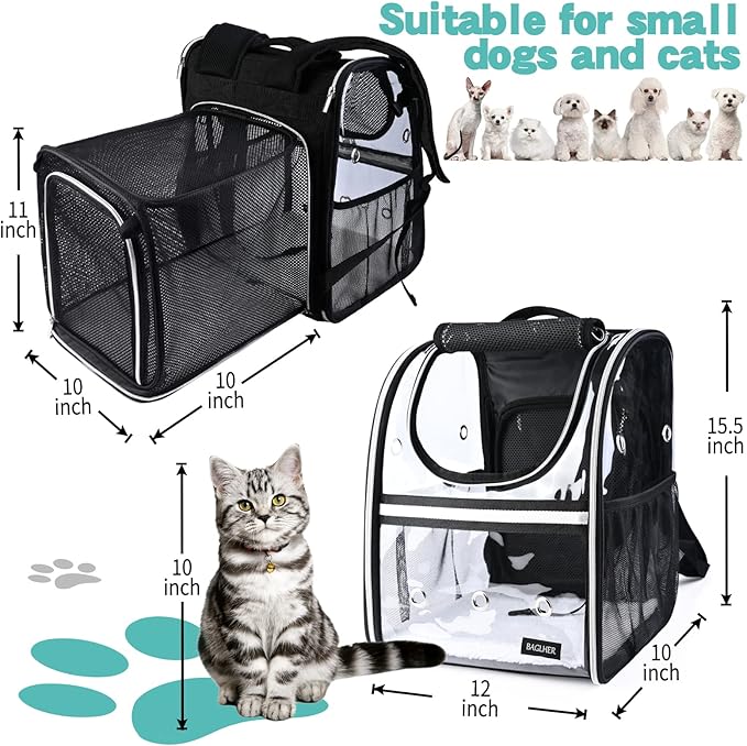 BAGLHER Expandable Pet Carrier Backpack，Pet Bubble Backpack for Small Cats Puppies Dogs Bunny, Airline-Approved Ventilate Transparent Capsule Backpack for Travel, Hiking and Outdoor Use. Black